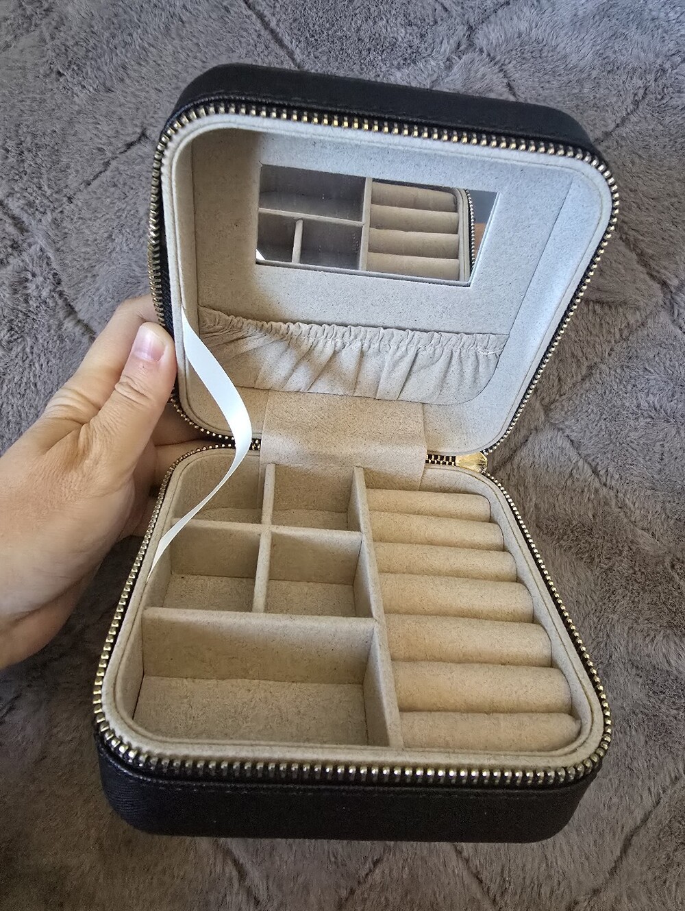 Compact Black Jewelry Travel Case with Mirror and Ring Rolls